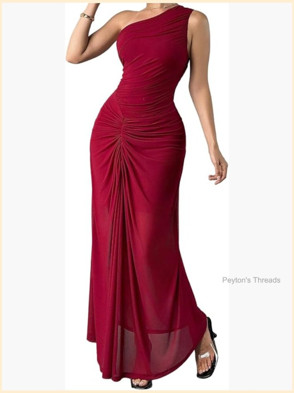 One Shoulder Mesh Bodycon Maxi Dress Ruched Sleeveless Party Dress